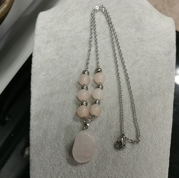 Peach Aventurine Rose Quartz Necklace Natural Gemstone Pendant Stainless-Steel - Picture 12 of 15